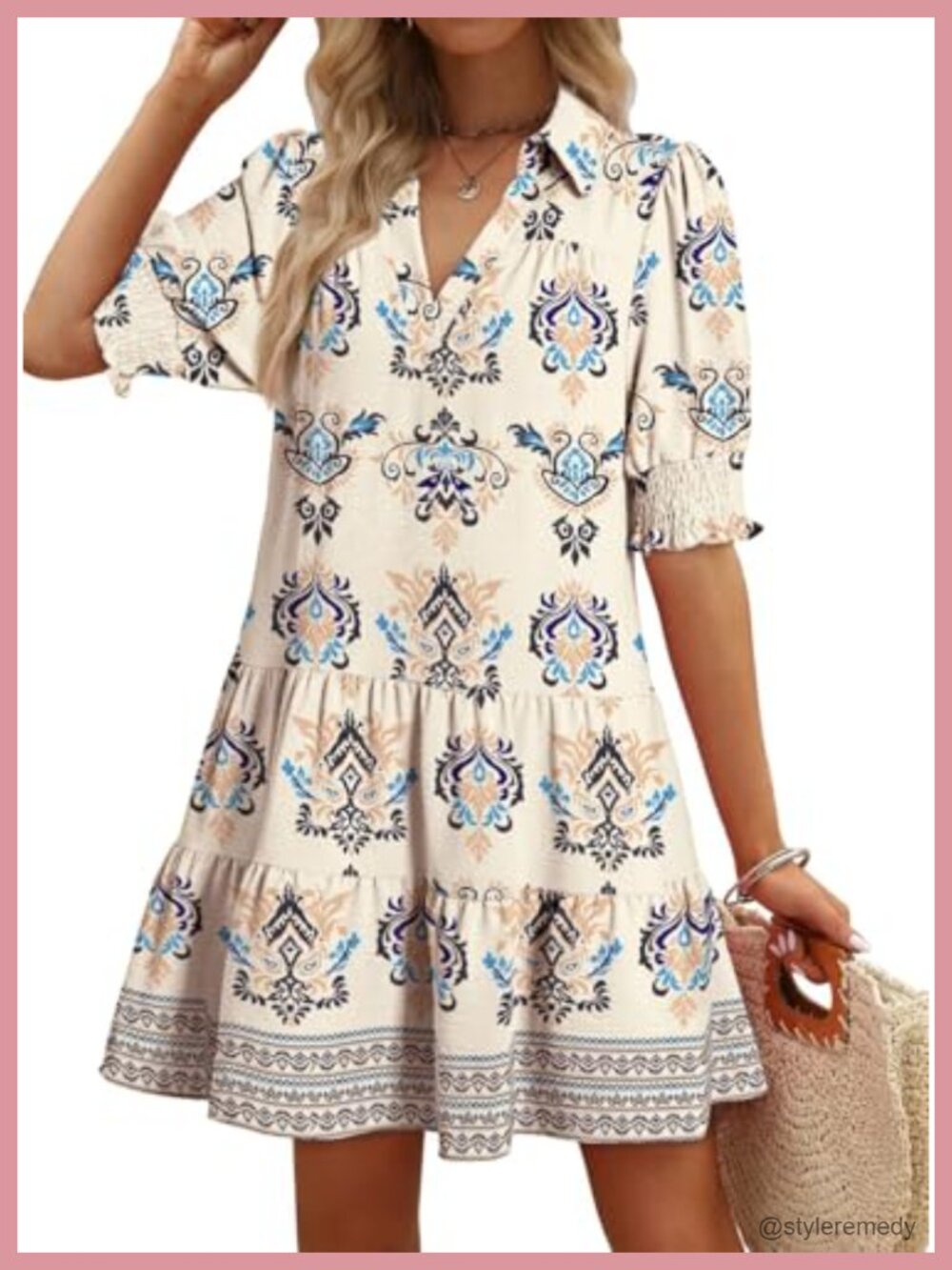 Dokotoo Pleated A-Line Midi Summer Dress V-Neck Short Sleeve Casual